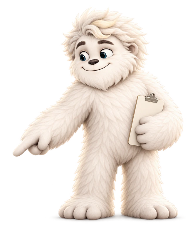 Mitey the yeti pointing, holding a clipboard, with a balance scale