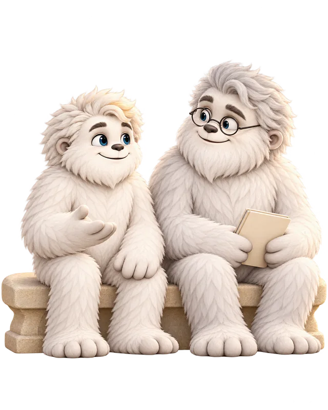 Mitey the yeti talking things through with an older yeti holding a notebook, with a crossed-out key (never share a seed phrase)