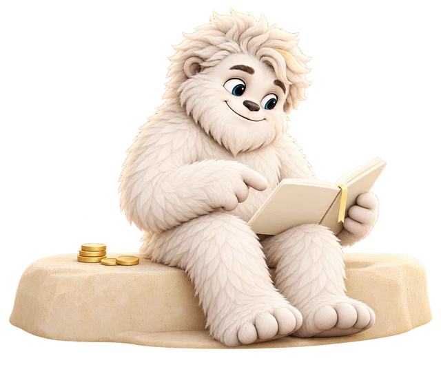 Mitey the yeti seated on a rock reading a ledger book, with a tax receipt with a maple leaf