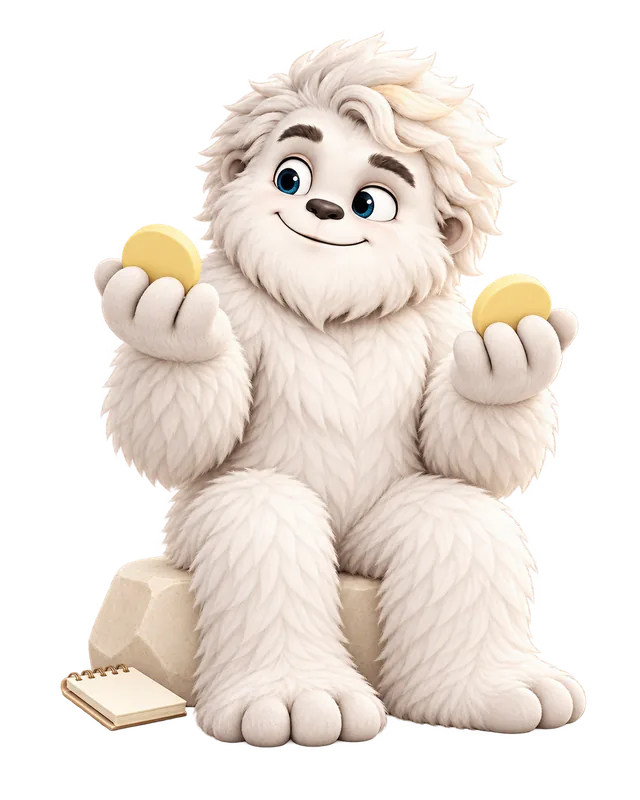 Mitey the yeti weighing a coin in each paw, with a maple leaf