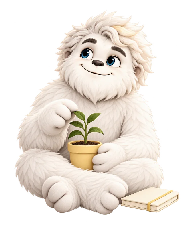 Mitey the yeti sitting with a notebook and a small plant, with a padlock